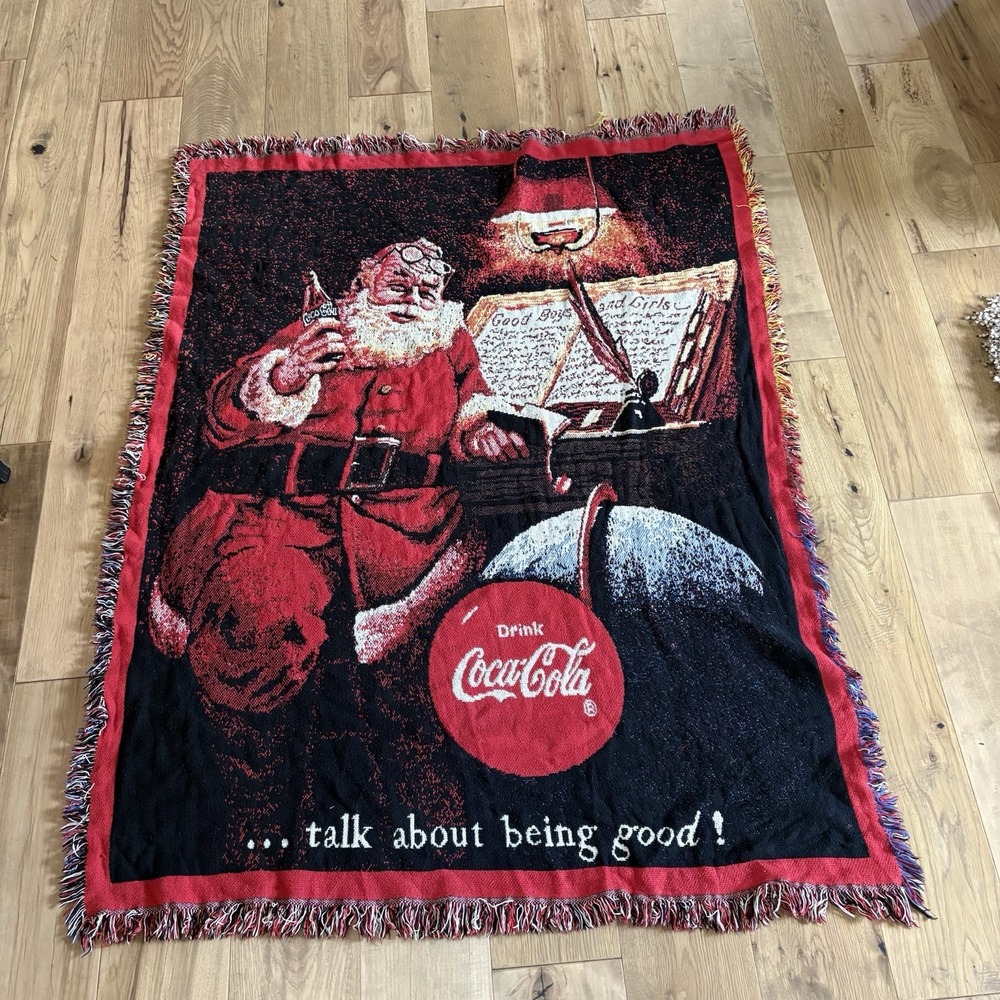 Vintage 1994 Coca Cola Santa Clause Christmas Holiday Woven Fringe Throw Blanket
